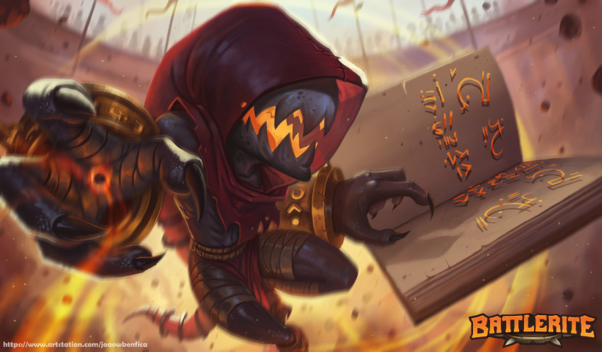 1boy absurdres bandaged_leg bandages battlerite blurry blurry_background book claws colored_skin copyright_name english_commentary ezmo_(battlerite) fingernails glowing highres hood hood_up joaowbenfica male_focus open_book open_mouth red_skin sharp_fingernails sharp_teeth solo tail teeth