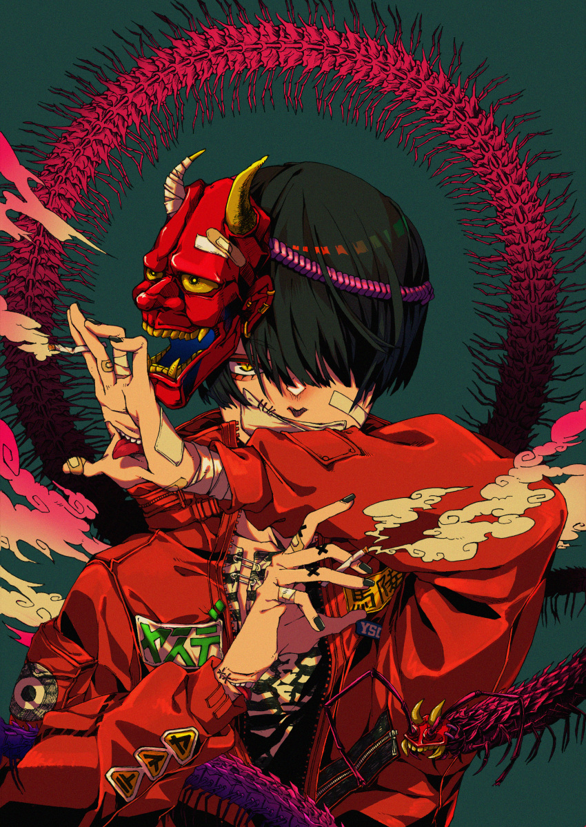 1boy absurdres black_hair black_nails bug green_background hair_over_one_eye hand_mouth highres horns iririmari jacket japanese_clothes long_sleeves looking_at_viewer mask mask_on_head millipede oni_horns oni_mask original red_jacket short_hair slit_pupils solo traditional_media yellow_eyes
