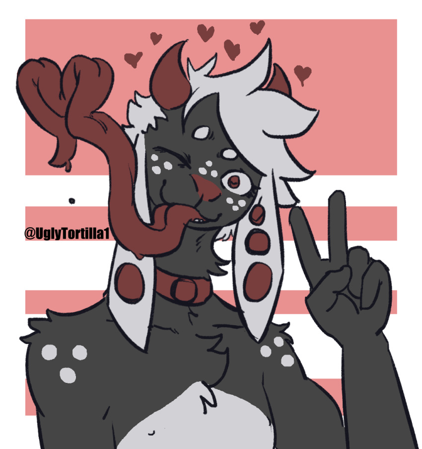 &lt;3 anthro blinking bovid caprine chest_tuft choker demon freckles gesture goat jewelry long_ears long_tongue male mammal neck_tuft necklace shoulder_tuft simple_background smile solo tongue tongue_out torta_(ugly_tortilla) tuft ugly_tortilla v_sign