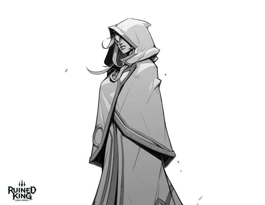 1girl bangs cloak closed_mouth copyright_name covered_eyes english_commentary greyscale hicham_habchi highres hood hood_up hooded_cloak league_of_legends long_hair monochrome official_alternate_costume solo soraka_(league_of_legends) standing