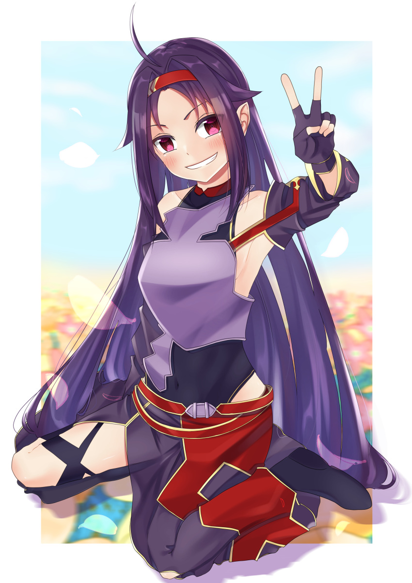 1girl absurdres ahoge armor armpits border breastplate covered_navel detached_sleeves fingerless_gloves gloves grin hair_intakes hairband highres leotard long_hair long_sleeves looking_at_viewer pointy_ears purple_gloves purple_hair purple_leotard purple_skirt purple_sleeves red_eyes red_hairband sarasara_shoyu shiny shiny_hair side_slit sitting skirt smile solo sword_art_online very_long_hair wariza white_border yuuki_(sao)