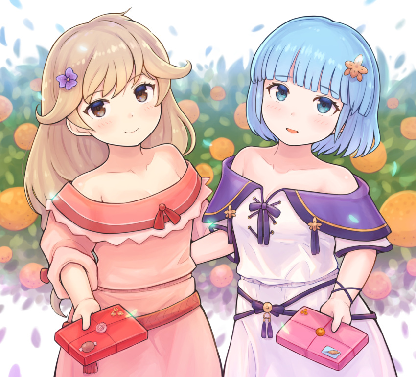 2girls alternate_costume alternate_hairstyle bare_shoulders blue_eyes blue_hair blush bow box box_of_chocolates breasts brown_eyes brown_hair chocolate cleavage collarbone faye_(fire_emblem) fire_emblem fire_emblem_echoes:_shadows_of_valentia fire_emblem_heroes flower food fruit gift gift_box hair_flower hair_ornament highres holding holding_box holding_gift kutabireta_neko long_hair looking_at_viewer multiple_girls off_shoulder official_alternate_costume open_mouth orange_(fruit) plant ribbon short_hair short_sleeves silque_(fire_emblem) smile valentine