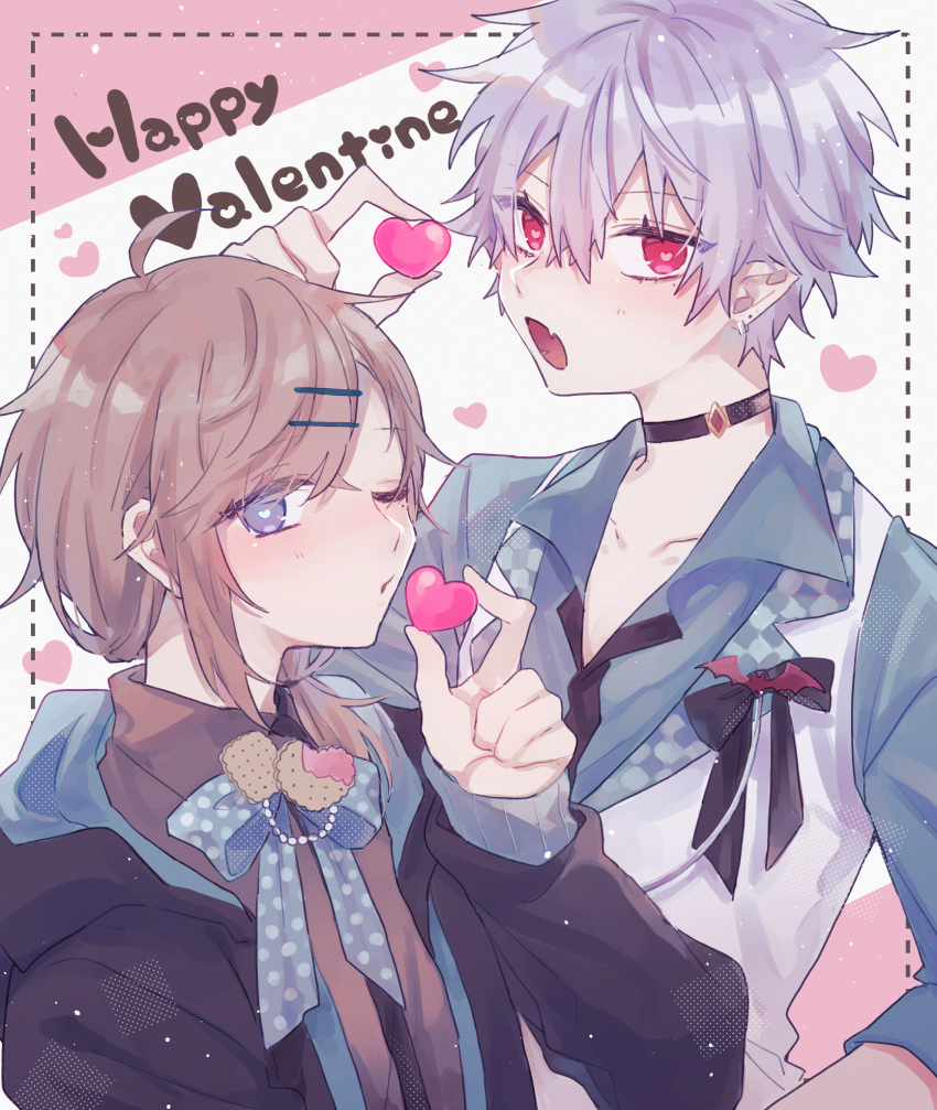 2boys androgynous blue_eyes blush brown_hair candy choker chronoir ear_piercing earrings food happy_valentine heart heart-shaped_pupils highres jewelry kanae_(nijisanji) kuzuha_(nijisanji) mole mole_under_eye multiple_boys nekojiri nijisanji one_eye_closed pale_skin piercing pointy_ears red_eyes symbol-shaped_pupils valentine vampire virtual_youtuber white_hair