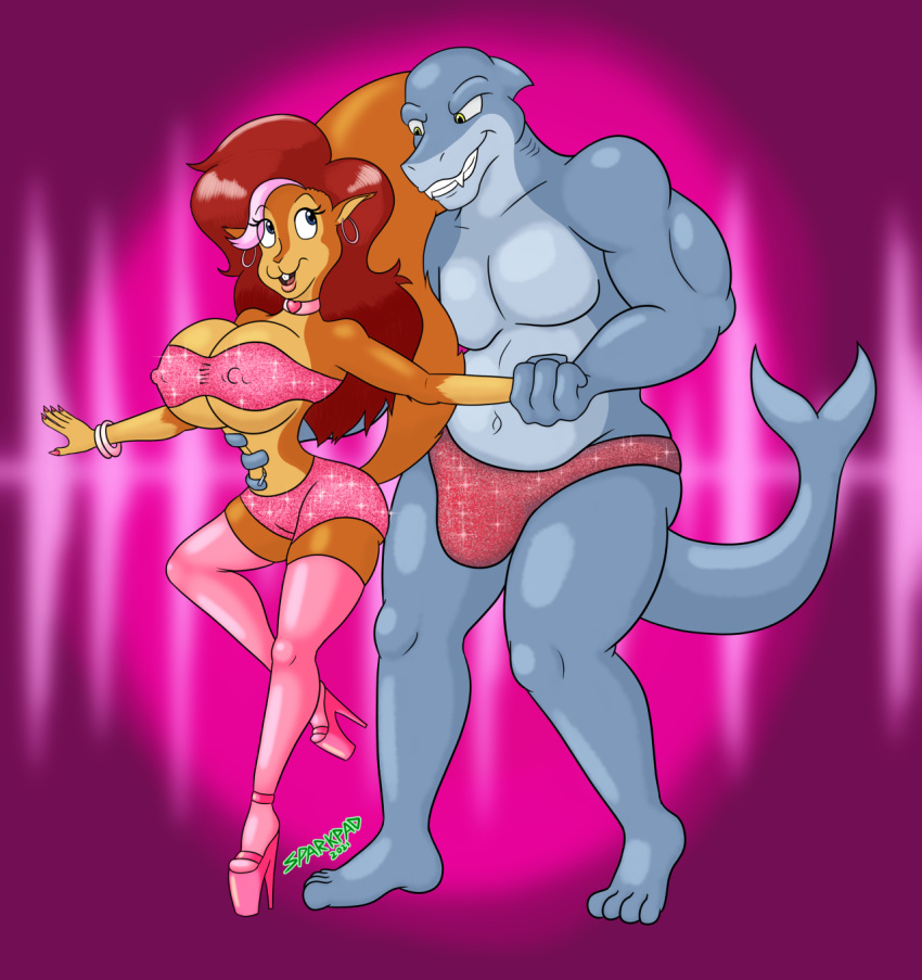 abstract_background anthro big_breasts branch_(sparkpad) breasts clothed clothing duo eye_contact female fish hi_res larger_male looking_at_another male male/female mammal marika_(teer) marine pink_clothing rodent sciurid shark size_difference skimpy smaller_female sparkling_clothing sparkpad