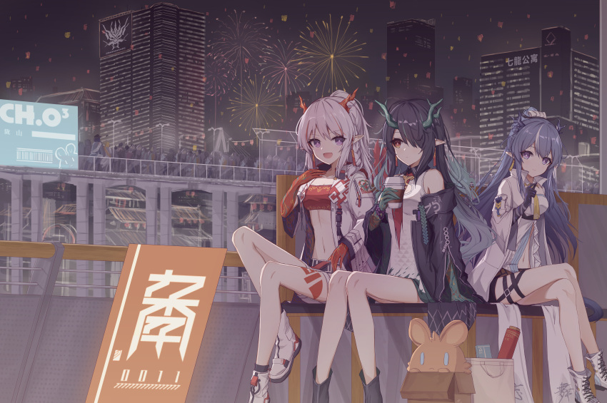 3girls 9malefi9 :d absurdres arknights bandeau bangs bare_legs black_coat blue_hair city coat commentary_request crowd dress dusk_(arknights) fireworks great_lungmen_logo highres horns ling_(arknights) long_hair looking_at_viewer midriff multiple_girls navel nian_(arknights) off_shoulder open_clothes open_coat outdoors pointy_ears purple_eyes shoes siblings silver_hair sisters sleeveless sleeveless_dress smile stomach strapless tube_top white_coat white_dress white_footwear