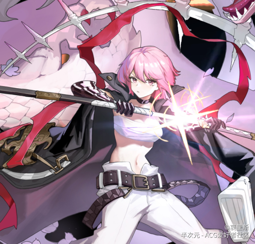 1girl alchemy_stars ali_si bandages bandeau bangs belt black_background black_belt black_choker black_coat breasts chest_sarashi chinese_commentary choker coat commentary_request dragon eastern_dragon hair_between_eyes hiiro_(alchemy_stars) holding holding_sword holding_weapon katana looking_at_viewer medium_breasts midriff navel pants pink_hair purple_eyes sarashi scabbard sheath short_hair solo standing stomach strapless sword tube_top unsheathing weapon white_pants