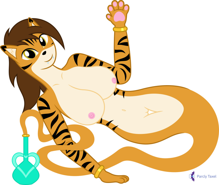 &lt;3 2022 absurd_res alpha_channel anthro big_breasts black_ear_tips black_stripes bracelet breasts brown_hair countershading fangs felid female floating genie genitals gold_(metal) gold_jewelry hair hi_res inner_ear_fluff jewelry looking_at_viewer lying mammal nipples nude on_side orange_body orange_eyes pantherine parclytaxel pawpads pussy signature simple_background smile smiling_at_viewer solo stripes tan_body tan_countershading thigh_gap tiger tori_taxel transparent_background tuft vase