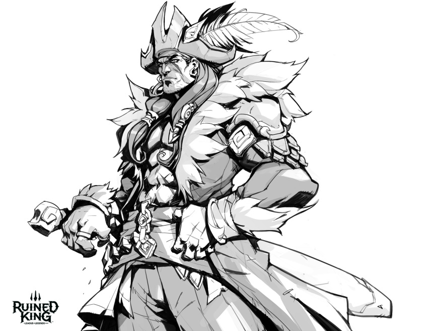 1boy abs bangs character_request closed_mouth copyright_name cowboy_shot facial_hair fur_trim greyscale hat hat_feather hicham_habchi highres league_of_legends long_hair long_sleeves monochrome muscular muscular_male pants pirate_hat scar scar_across_eye smile solo stubble weapon