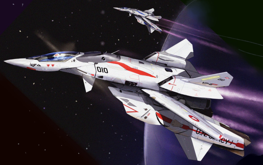 aircraft airplane asterozoa canopy_(aircraft) fighter_jet flying from_side highres jet macross macross_2 mecha military military_vehicle science_fiction solo_focus space variable_fighter vehicle_focus vf-2ss