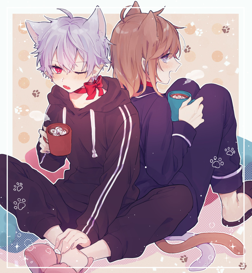 2boys absurdres animal_ears back-to-back blue_eyes blush brown_hair cat_boy cat_ears cat_tail chronoir cup ear_piercing earrings food highres hot_chocolate jewelry kanae_(nijisanji) kuzuha_(nijisanji) marshmallow mole mole_under_eye mug multiple_boys nekojiri nijisanji one_eye_closed pale_skin piercing pointy_ears red_eyes tail vampire virtual_youtuber white_hair