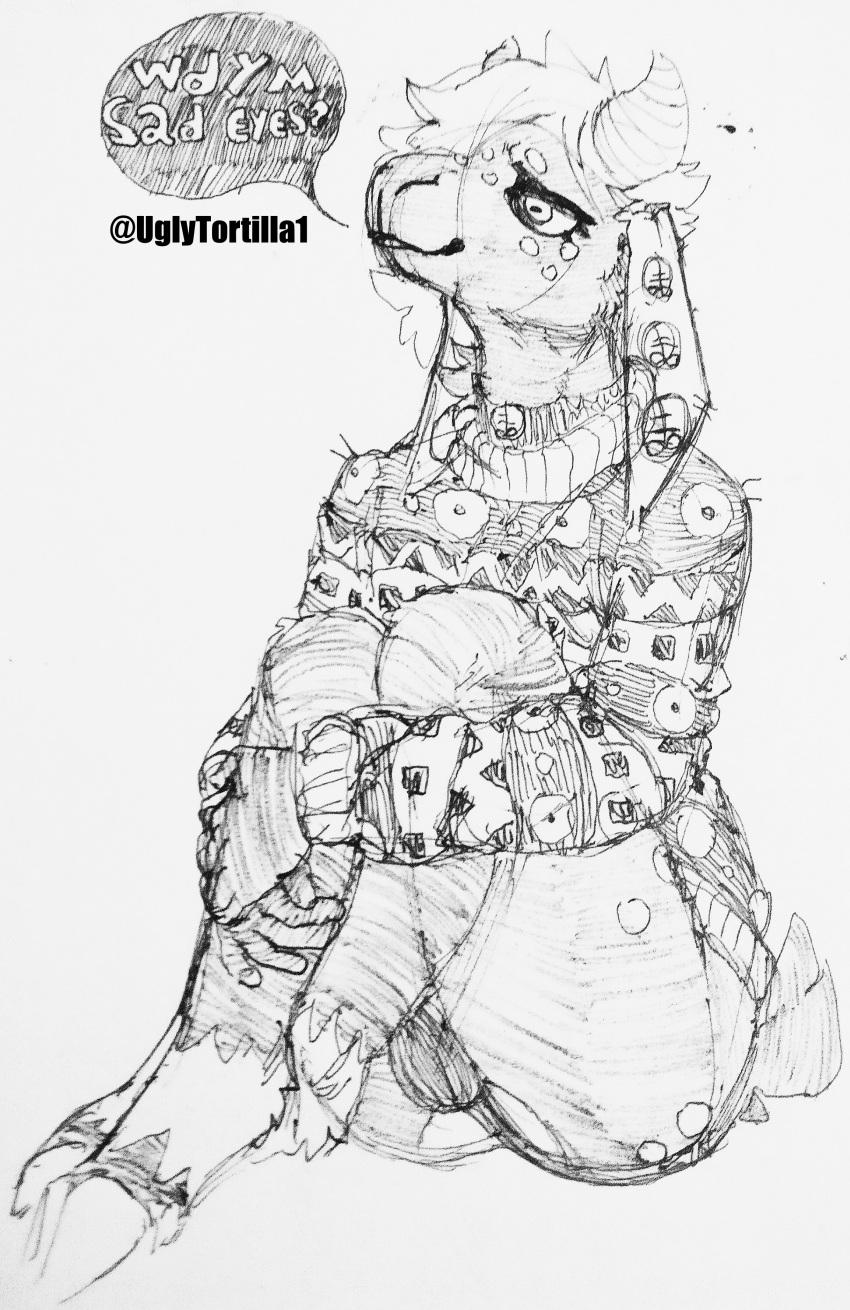 absurd_res anthro big_butt bovid bulge butt caprine choker clothing demon dialogue digitigrade floppy_ears freckles girly goat hi_res jewelry long_ears male mammal neck_tuft necklace panties short_tail solo sweater topwear torta_(ugly_tortilla) traditional_media_(artwork) tuft ugly_tortilla underwear