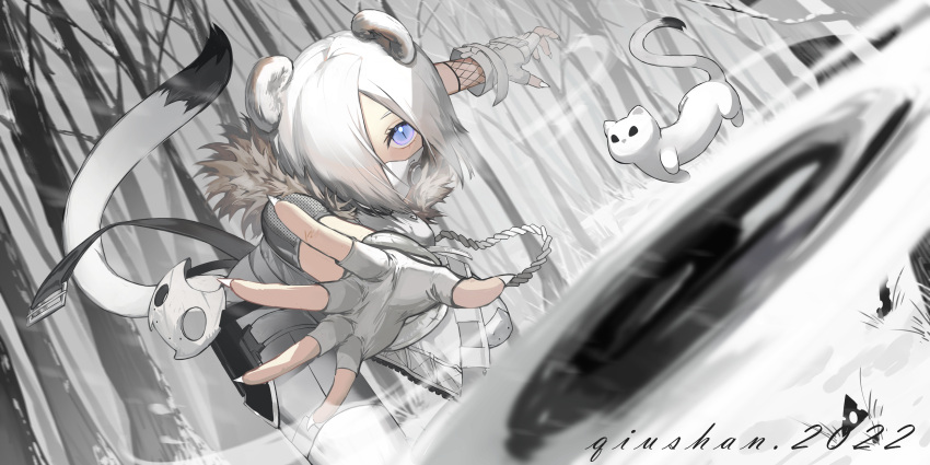 1girl absurdres animal animal_ears arknights artist_name bare_tree bent_over blue_eyes blurry blurry_foreground dated day depth_of_field diao_bu_landuo fingerless_gloves fingernails fur_collar gloves hair_over_one_eye highres long_fingernails looking_at_viewer mask mouth_mask official_alternate_costume outdoors sharp_fingernails shirayuki_(arknights) shirayuki_(wind_of_breaking_blade)_(arknights) short_hair short_sleeves shuriken silver_hair slit_pupils solo tail tree weapon white_gloves white_nails white_theme