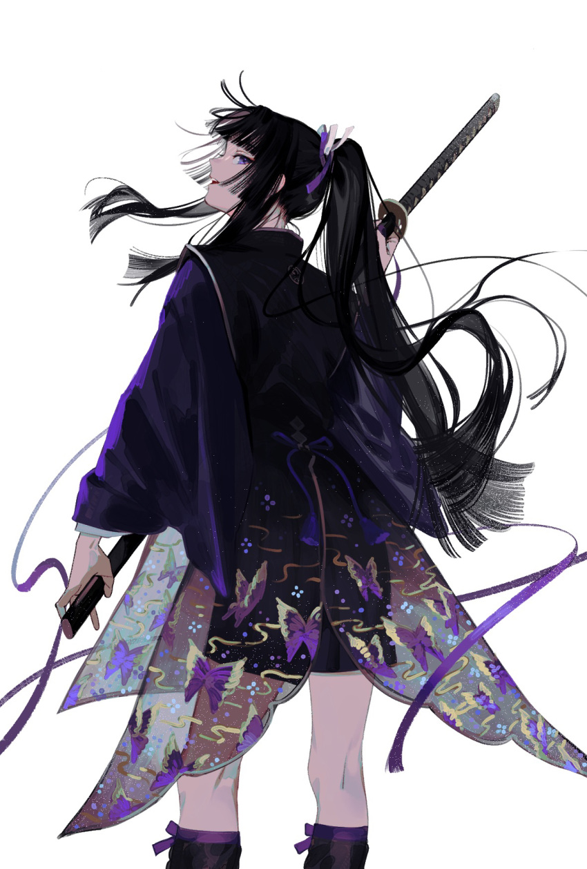 1boy animal_print bangs black_hair black_legwear black_shorts blunt_bangs blunt_ends butterfly_print commentary feet_out_of_frame floating_hair from_behind highres holding holding_sword holding_weapon japanese_clothes katana kazari_tayu kneehighs legs_apart light_particles long_hair long_sleeves looking_at_viewer looking_back male_focus original ponytail profile purple_eyes purple_ribbon ribbon see-through shorts sidelocks simple_background smile solo standing straight_hair sword very_long_hair weapon white_background