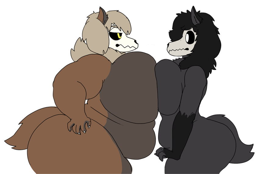 anthro big_breasts big_butt black_hair black_sclera breast_size_difference breast_squish breasts breasts_frottage brown_body brown_fur butt canid curvy_figure duo female fur grey_body grey_fur hair half-closed_eyes hand_on_hip huge_breasts huge_butt mammal narrowed_eyes nude obese obese_anthro obese_female overweight overweight_anthro overweight_female scp-1471-a scp_foundation skulldog_(species) squish vdisco voluptuous white_eyes wide_hips willow_(vdisco) yellow_eyes