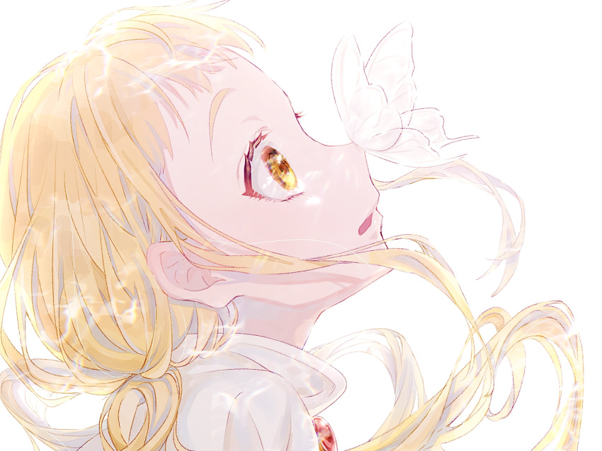 1girl ap_(pixiv74197750) blonde_hair bug butterfly butterfly_on_nose cure_lemonade floating_hair from_side head_tilt highres long_hair open_mouth portrait precure simple_background solo white_background yellow_eyes yes!_precure_5