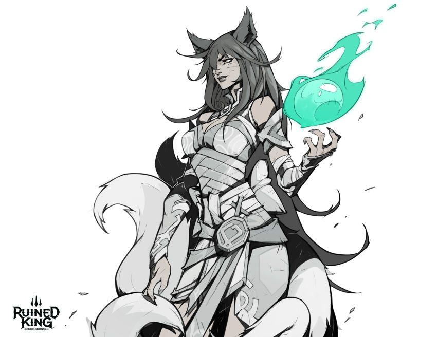 1girl ahri_(league_of_legends) animal_ears bare_shoulders breasts cleavage detached_sleeves energy_ball facial_mark fingernails floating fox_ears fox_girl fox_tail hair_over_one_eye hand_up hicham_habchi highres large_breasts league_of_legends long_fingernails long_hair long_sleeves magic multiple_tails official_alternate_costume official_art orb ruined_king:_a_league_of_legends_story smile spot_color tail whisker_markings
