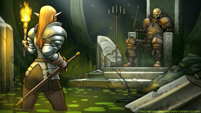 1girl armor artist_name blonde_hair candle deviantart_username elf english_commentary gloves highres long_hair original partially_submerged plate_armor pointy_ears ronindude sheath sheathed simple_background skeleton solo stairs sword throne torch water watermark weapon