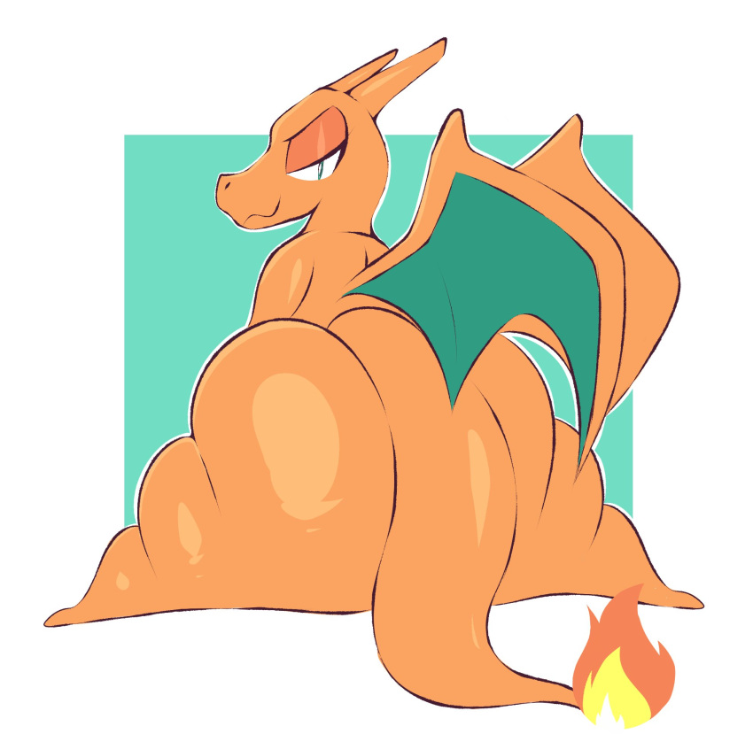 ambiguous_gender anthro arizonathevixen big_butt black_betty_(meme) butt charizard fire flexible green_eyes half-closed_eyes hi_res huge_butt looking_at_viewer looking_back narrowed_eyes nintendo orange_body pok&eacute;mon pok&eacute;mon_(species) smile solo splits spread_legs spreading thick_thighs video_games wings