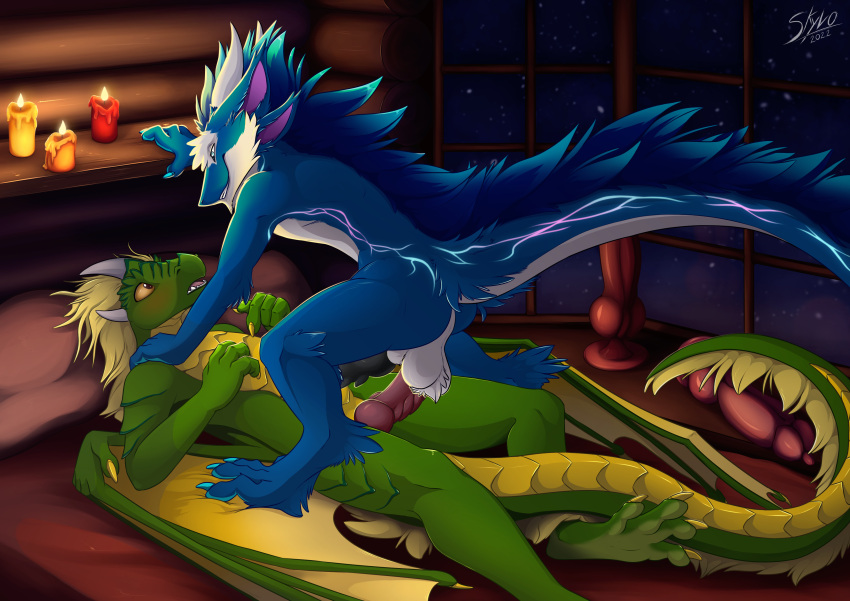 absurd_res anthro bed blush dominant dominant_male dragon duo finarion furniture hi_res log_cabin male male/male sergal skyvo submissive submissive_male