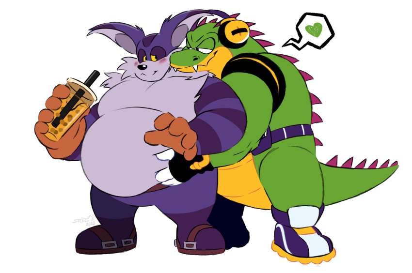 &lt;3 anthro belly beverage big_the_cat blush bubble_tea clothing crocodile crocodilian crocodylid domestic_cat duo felid feline felis footwear fur groping_from_behind headphones hi_res male male/male mammal overweight purple_body purple_fur reptile sandals scalie sega sonic_the_hedgehog_(series) splashburr straw vector_the_crocodile yellow_eyes