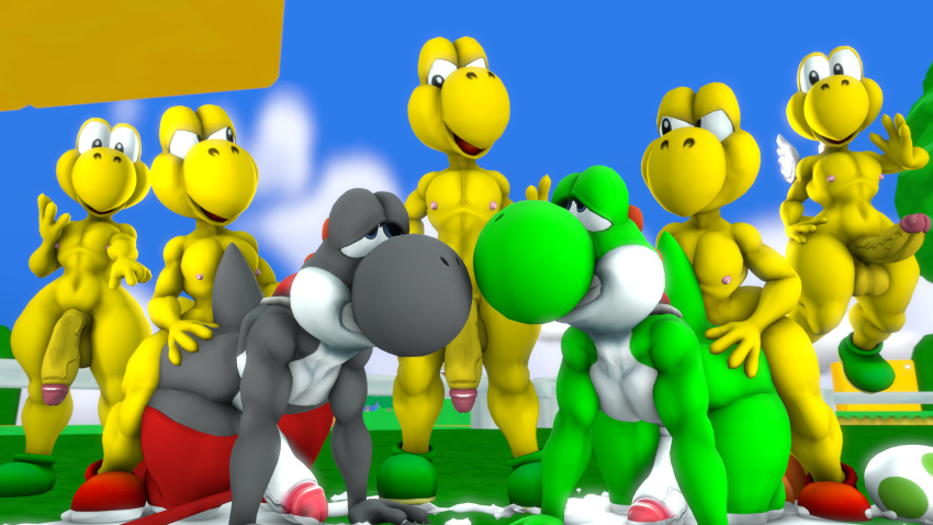 3d_(artwork) anthro black_body black_skin bodily_fluids clothing cum cum_in_ass cum_inside cum_on_ground defeated digital_media_(artwork) doggystyle doommusk footwear from_behind_position gangbang genital_fluids green_body green_skin group group_sex hand_on_butt hi_res koopa lire_(doommusk) male male/male mario_bros nintendo red_clothing red_footwear red_shoes scalie sex shoes source_filmmaker story story_in_description submissive submissive_male video_games yellow_body yellow_skin yoshi