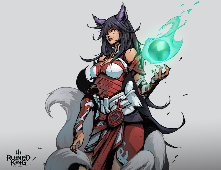 1girl ahri_(league_of_legends) animal_ears black_hair breasts cleavage commentary detached_sleeves energy_ball facial_mark fingernails fox_ears fox_girl fox_tail gradient gradient_background hicham_habchi highres large_breasts league_of_legends long_fingernails long_hair multiple_tails official_art ruined_king:_a_league_of_legends_story tail whisker_markings