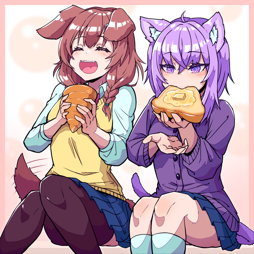 2girls ^_^ aikohgin alternate_costume animal_ear_fluff animal_ears black_legwear blush bread brown_hair cat_ears cat_girl cat_tail chocolate_cornet closed_eyes dog_ears dog_girl dog_tail eating food french_toast highres hololive inugami_korone miniskirt multiple_girls nekomata_okayu pantyhose purple_eyes school_uniform sitting skirt tail virtual_youtuber