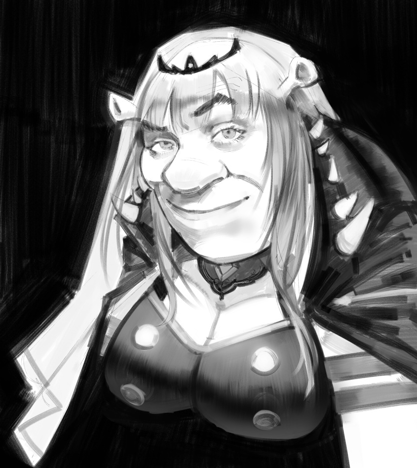 1boy absurdres big_nose black_background breasts cleavage cosplay english_commentary fusion greyscale highres large_breasts long_hair looking_at_viewer monochrome mori_calliope mori_calliope_(cosplay) multiple_girls ogre raised_eyebrows shrek shrek_(series) simple_background sketch smile solo spikes tiara upper_body veil virtual_youtuber xyanaid
