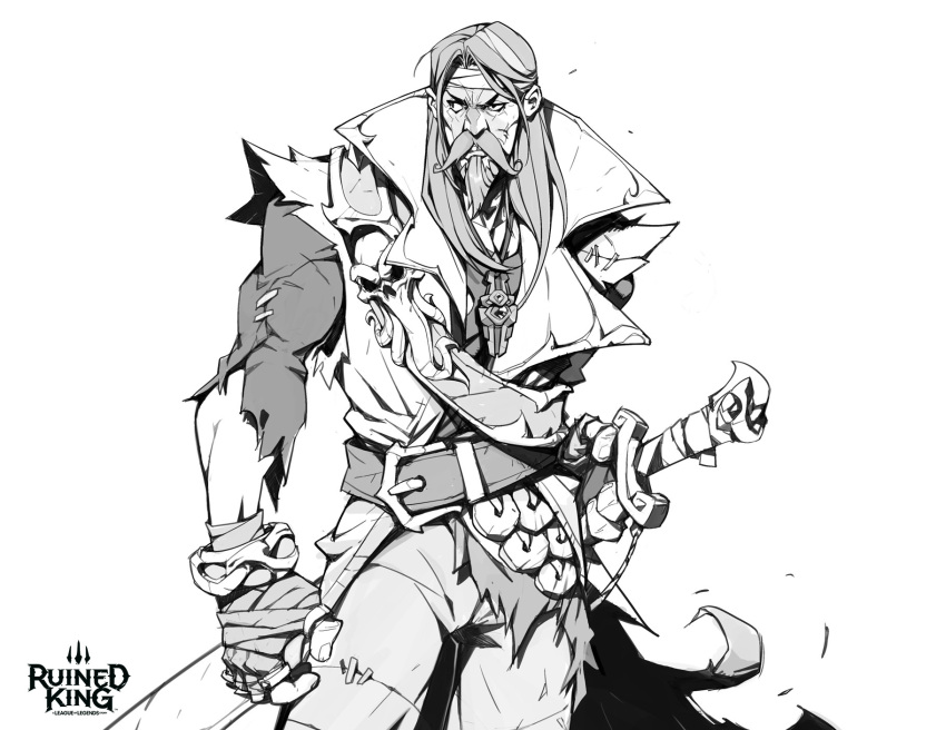 1boy arm_at_side bangs beard belt character_request collarbone copyright_name facial_hair fingerless_gloves gloves greyscale hicham_habchi highres holding holding_sheath jacket jewelry league_of_legends long_hair long_sleeves monochrome mustache necklace pants sheath shirt solo sword torn_clothes torn_shirt weapon