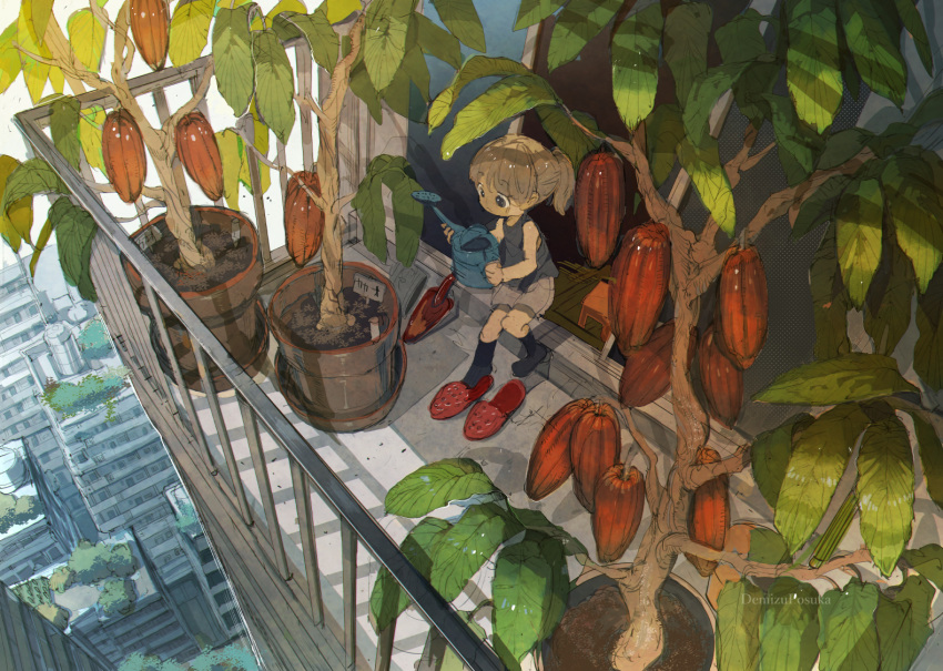 1girl building cacao_(lamune) child cityscape commentary_request copyright_request date_pun day demizu_posuka food fruit leaf number_pun original plant potted_plant short_hair slippers slippers_removed solo vs_knight_lamune_&amp;_40_fire window