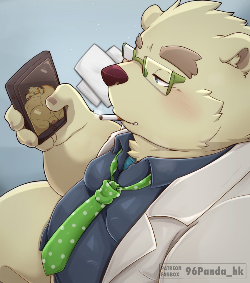 2022 96panda anthro balls belly blush butt canid canine canis cellphone clothing cu_sith_(tas) domestic_dog genitals hi_res humanoid_hands kemono leib_(tas) lifewonders male mammal necktie overweight overweight_male penis phone polar_bear shirt smartphone smoking tokyo_afterschool_summoners topwear ursid ursine video_games white_body