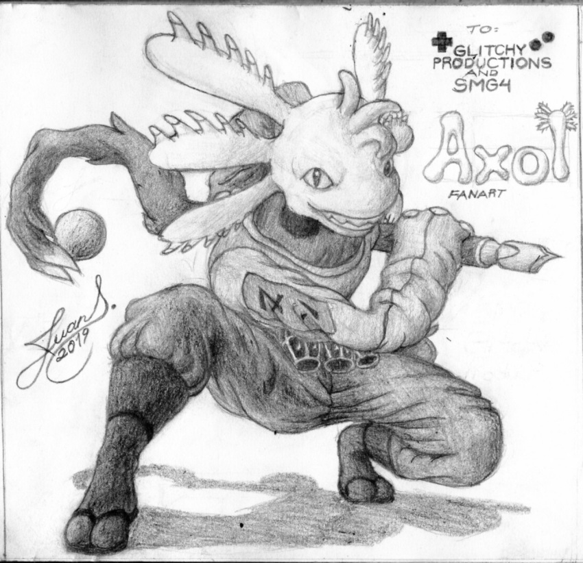 2019 amphibian anthro axol axolotl clothed clothing graphite_(artwork) hi_res jsdrawitz looking_at_viewer male mole_salamander pencil_(artwork) salamander_(amphibian) smg4 smile solo staff teeth traditional_media_(artwork)