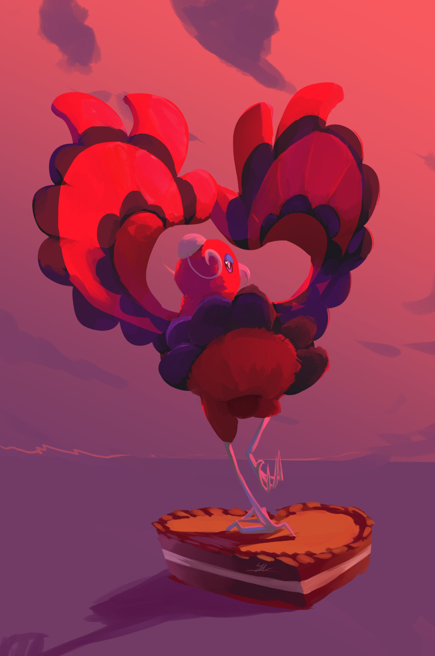 absurdres beak bird chocolate closed_mouth cloud commentary english_commentary full_body highres leg_up likey looking_back no_humans oricorio oricorio_(baile) outdoors pokemon pokemon_(creature) sky solo talons twilight valentine