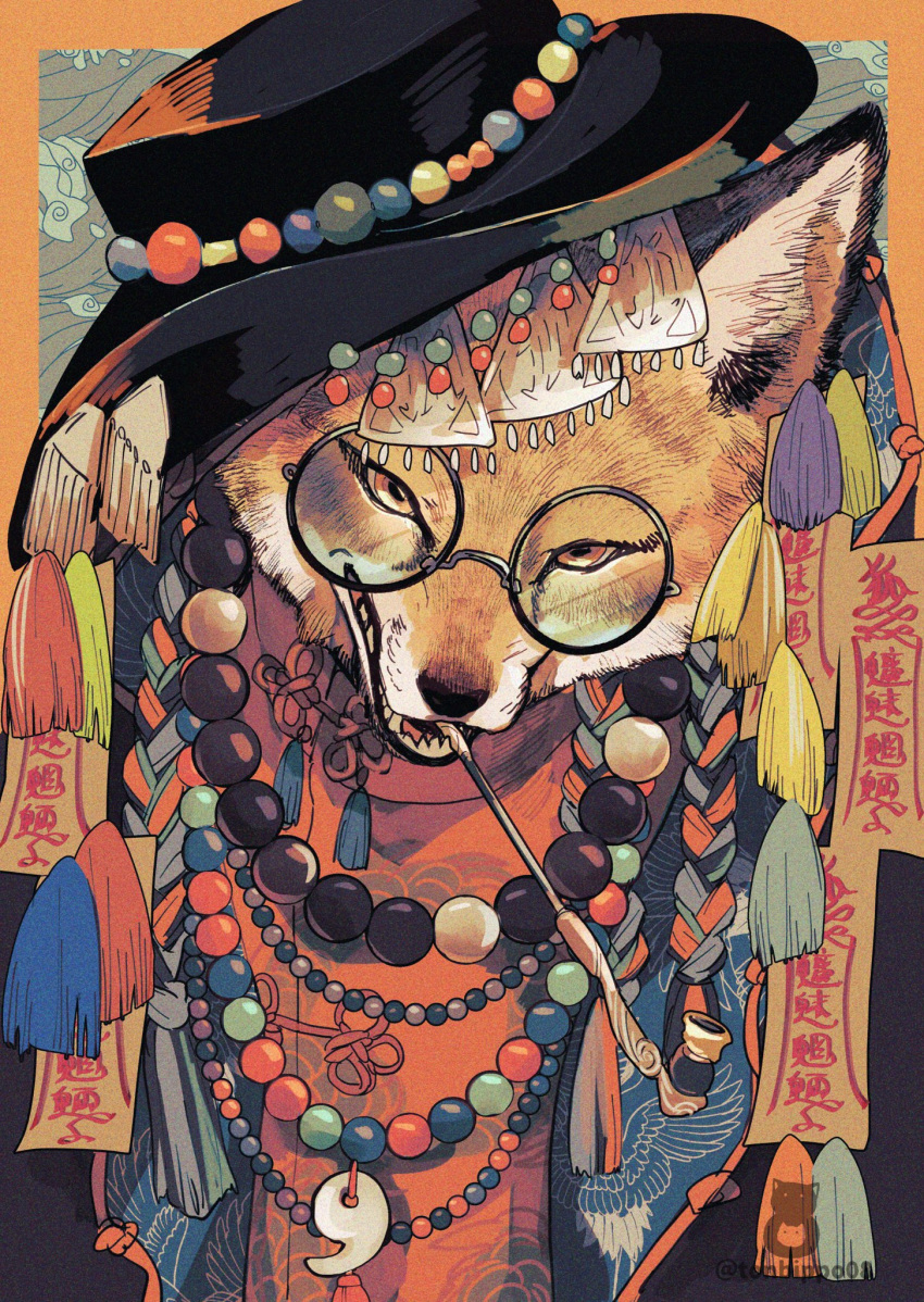 1other animal_ears bead_necklace beads commentary_request earrings eyewear_on_head fangs fox fox_ears furry hat highres jewelry looking_at_viewer necklace orange_fur original pipe tassel tassel_earrings tonbippo08