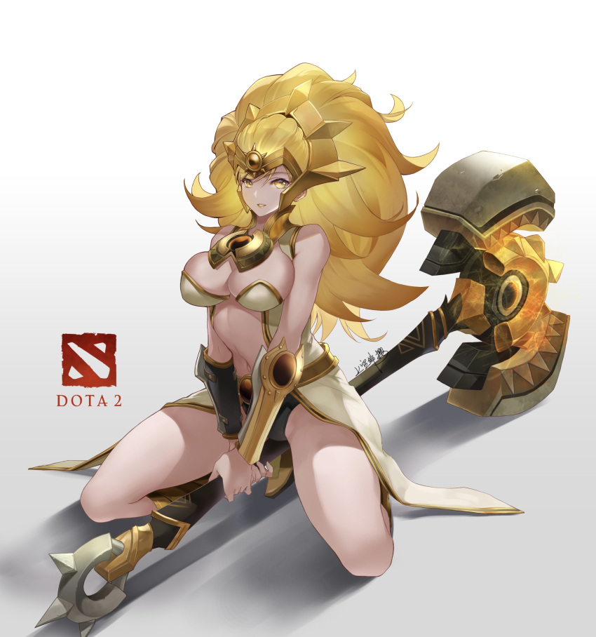 1girl bangs black_pants blonde_hair boots bracer breasts cleavage copyright_name dawnbreaker_(dota) dota_(series) dota_2 eyebrows_visible_through_hair full_body gauntlets hair_ornament hammer highres holding holding_hammer jokanhiyou kneeling large_breasts long_hair looking_at_viewer navel open_mouth pants parted_lips simple_background smile solo teeth thighs yellow_eyes