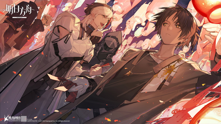 1other 4boys adnachiel_(arknights) ambiguous_gender angel animal_ears arknights artist_request chinese_new_year dark-skinned_male dark_skin doctor_(arknights) elysium_(arknights) fox_boy fox_ears gloves halo highres lantern multiple_boys night official_art steward_(arknights) thorns_(arknights) white_hair