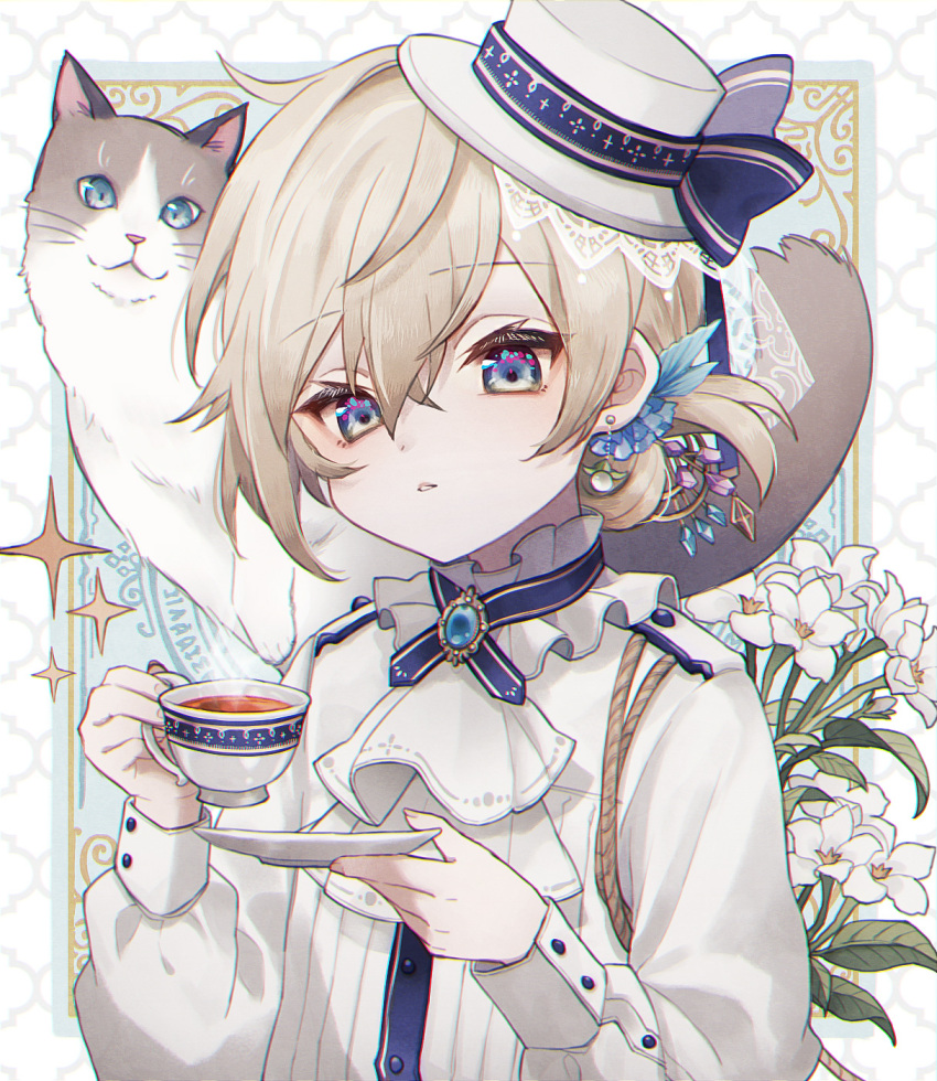 1boy animal_on_shoulder blue_eyes bow brown_hair cat cat_on_shoulder cup duplicate earrings flower gem hat hat_bow highres holding holding_cup jewelry kodona lace lily_(flower) long_sleeves looking_at_viewer male_focus namiki_itsuki open_mouth original pixel-perfect_duplicate sapphire_(gemstone) solo teacup upper_body white_flower