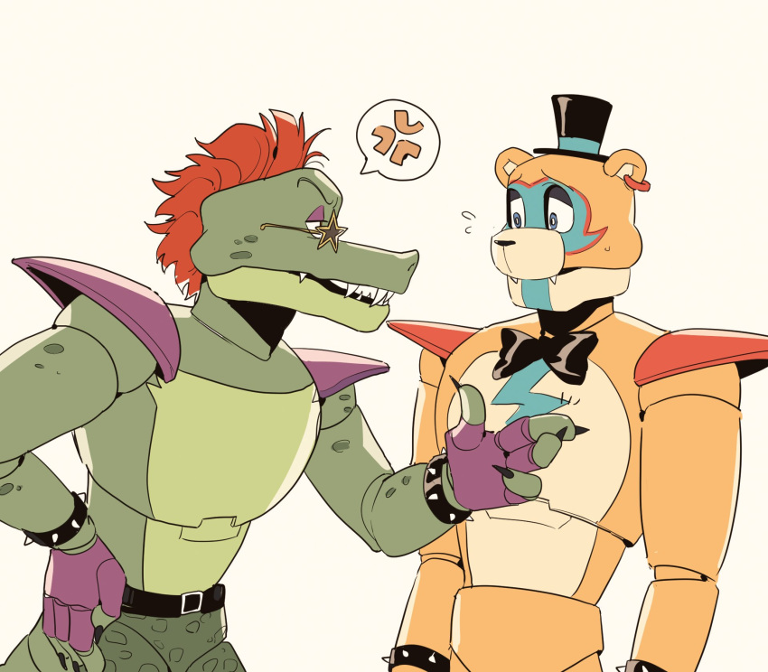 alligator alligatorid angry animatronic anthro belt bottomwear bow_tie bracelet clothing crocodilian cross-popping_vein duo ear_piercing eyewear facial_markings fingerless_gloves five_nights_at_freddy's five_nights_at_freddy's:_security_breach fullbban_g glamrock_freddy_(fnaf) gloves green_body hair handwear hat head_markings headgear headwear hi_res jewelry machine male mammal markings metallic_body mohawk montgomery_gator_(fnaf) orange_body pants piercing red_hair reptile robot scalie scottgames shirtless shirtless_male shoulder_pads spiked_bracelet spikes sunglasses top_hat ursid video_games