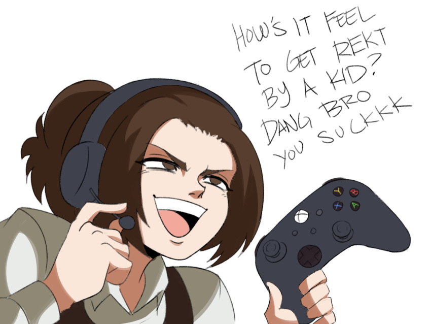 1girl :d brown_hair controller english_text gabi_braun game_controller headset highres holding holding_controller holding_game_controller parody playing_games ponytail shingeki_no_kyojin smile solo tina_fate xbox_controller