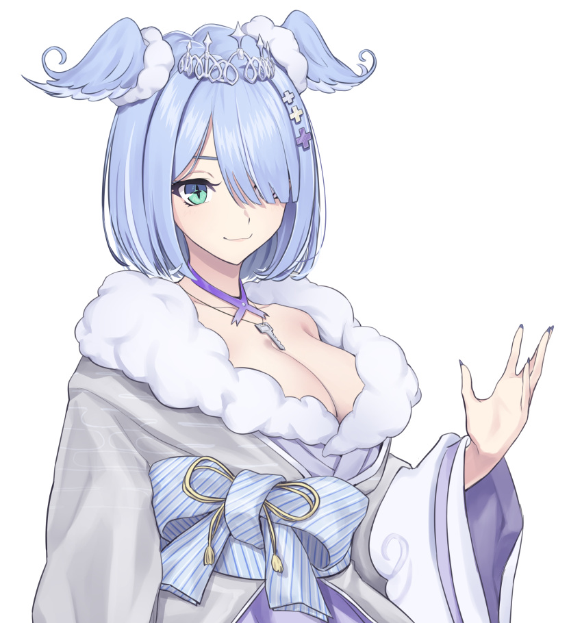 1girl absurdres bangs blue_bow blue_eyes blue_hair bob_cut bow breasts cleavage collarbone elira_pendora fur_trim g9_(jiiku) grey_kimono hair_over_one_eye head_wings highres japanese_clothes jewelry key kimono medium_breasts necklace nijisanji nijisanji_en off_shoulder official_alternate_costume short_hair solo tiara upper_body virtual_youtuber white_background