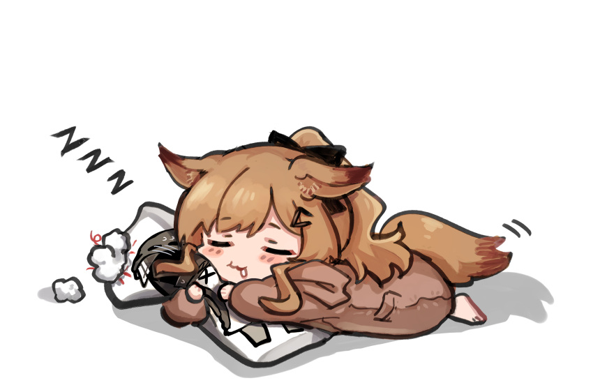 1girl animal_ears arknights black_bow bow brown_dress brown_hair cameo ceobe_(arknights) chibi closed_eyes dakimakura_(object) doctor_(arknights) dog_ears dog_girl dog_tail dress drooling hair_bow hair_ornament hairclip highres lying mabing object_hug official_alternate_costume on_stomach onesie pillow pillow_hug ponytail shadow simple_background sleeping solo tail white_background zzz