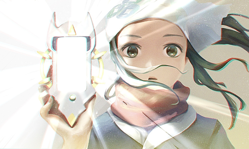 1girl akari_(pokemon) arc_phone arm_up black_hair fingernails floating_hair galaxy_expedition_team_survey_corps_uniform glowing gradient gradient_background grey_hair head_scarf highres holding holding_phone long_hair looking_at_viewer open_mouth phone phone_screen pokemon pokemon_(game) pokemon_legends:_arceus red_scarf scarf screen_light shima_krdx5235 solo white_headwear