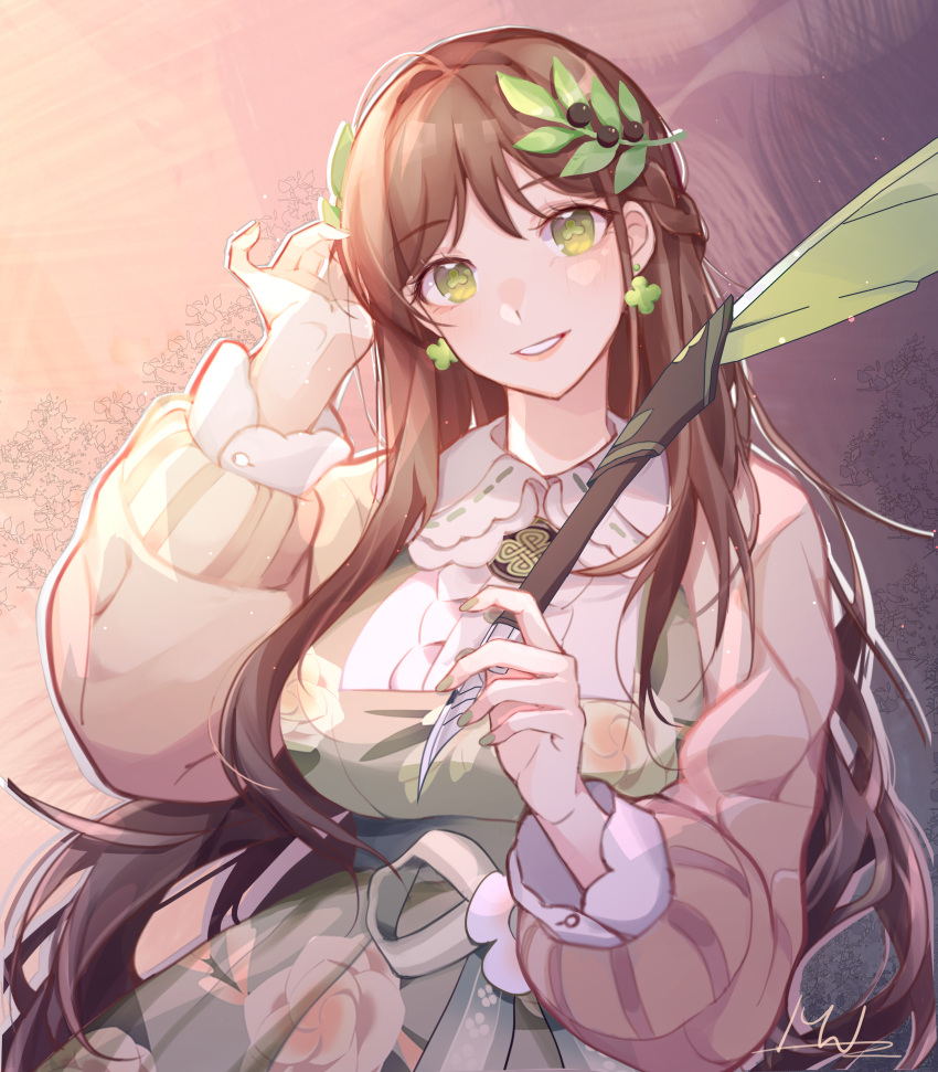 1girl absurdres black_survival breasts brown_hair clover dress earrings eternal_return:_black_survival floral_print four-leaf_clover green_dress green_eyes gweon_sua hair_ornament hand_in_hair highres jewelry large_breasts leaf_hair_ornament long_hair looking_at_viewer quill signature smile solo symbol-shaped_pupils tianqing_mw upper_body