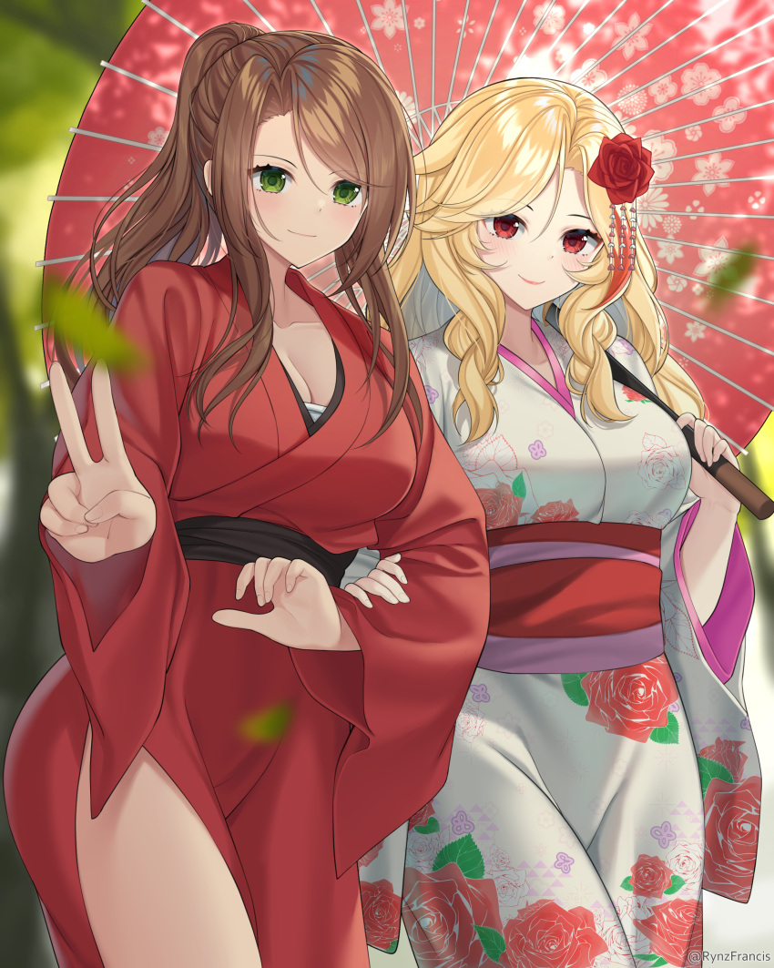 2girls absurdres bangs black_sash blonde_hair blush breasts brown_hair character_request commentary commission cowboy_shot english_commentary floral_print flower girls'_frontline green_eyes hair_flower hair_ornament highres holding holding_umbrella japanese_clothes kimono large_breasts lee-enfield_(girls'_frontline) long_hair long_sleeves looking_at_viewer multiple_girls obi oil-paper_umbrella ponytail red_eyes red_flower red_kimono red_rose red_sash red_umbrella rose rynzfrancis sarashi sash smile standing umbrella v white_kimono wide_sleeves