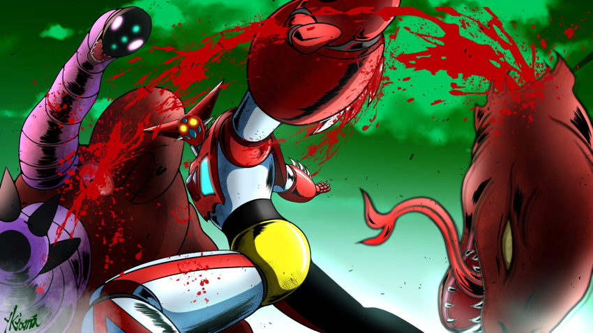 blood cloud getter-1 getter_robo getter_robo_(1st_series) glowing glowing_eyes highres kaijuu looking_up mecha open_hand purple_eyes science_fiction severed_head sharp_teeth super_robot teeth tongue yellow_eyes yuuki_(gatama)