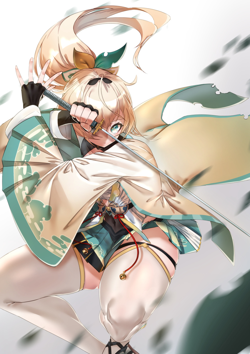 1girl absurdres bangs bell black_gloves blonde_hair closed_mouth feet_out_of_frame fingerless_gloves gloves gradient gradient_background green_eyes green_skirt haori highres holding holding_sword holding_weapon hololive japanese_clothes jingle_bell katana kazama_iroha kimono leaf long_hair one_eye_covered pleated_skirt ponytail ppangkkaru skirt solo squatting stance sword thick_thighs thighhighs thighs virtual_youtuber weapon white_background white_kimono white_legwear wide_sleeves