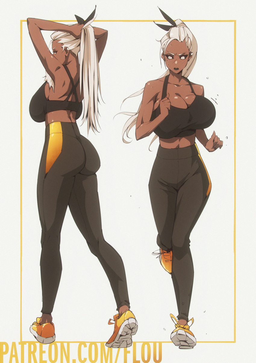 1girl artist_name ass bangs bare_shoulders black_pants black_ribbon black_sclera breasts colored_sclera dark-skinned_female dark_skin flou hair_ribbon highleg highres huge_breasts long_hair midriff mole mole_under_eye multiple_views open_mouth original pants ponytail ribbon running shoes silver_hair sneakers sports_bra stella_(flou) sweat tying_hair white_eyes yoga_pants