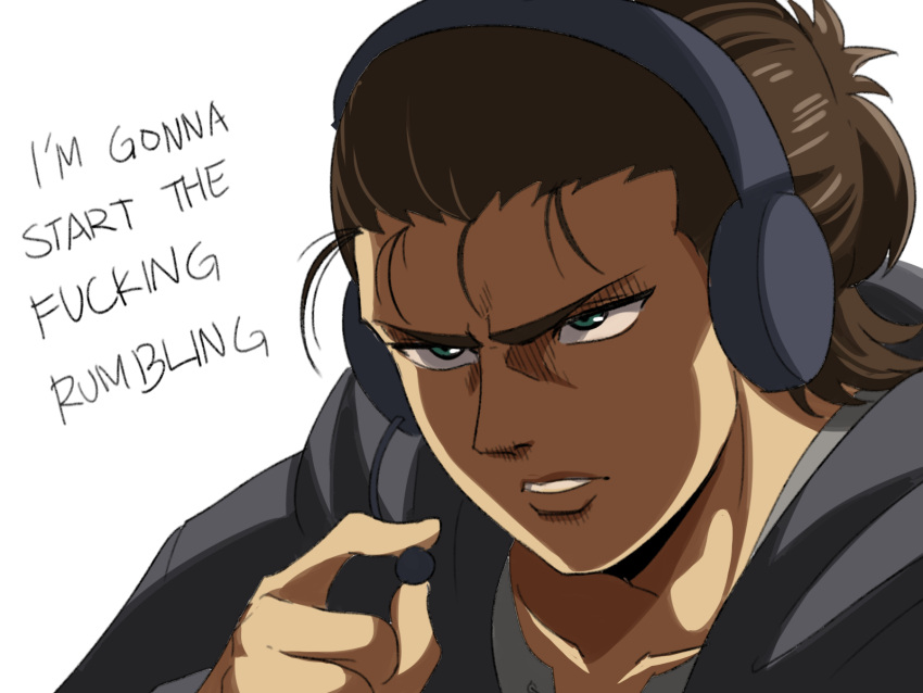 1boy brown_hair dualsense english_text eren_yeager green_eyes headset highres male_focus parody playstation_controller ponytail profanity shingeki_no_kyojin solo tina_fate