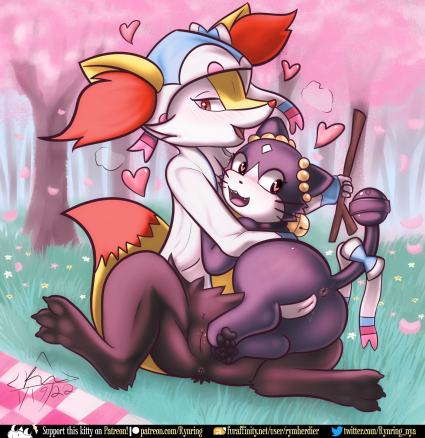 &lt;3 &lt;3_eyes accessory bell beta_pok&eacute;mon_(species) beta_pok&eacute;mon_games blush bodily_fluids braixen cherry_blossom cherry_blossom_tree cherry_tree clothing digital_media_(artwork) duo english_text felid female female/female feral flower fruit_tree fur furgonomics genital_fluids genitals hair_accessory hair_bow hair_ribbon hi_res hoodie inner_ear_fluff looking_at_viewer mammal nintendo open_mouth outside petals plant pok&eacute;mon pok&eacute;mon_(species) pok&eacute;mon_gold_beta pussy pussy_juice ribbons rinrin_(pok&eacute;mon_gold_beta) rymherdier rynring signature smile spank_marks spread_legs spreading tail_accessory tail_ribbon text topwear tree tuft url video_games yellow_body yellow_fur