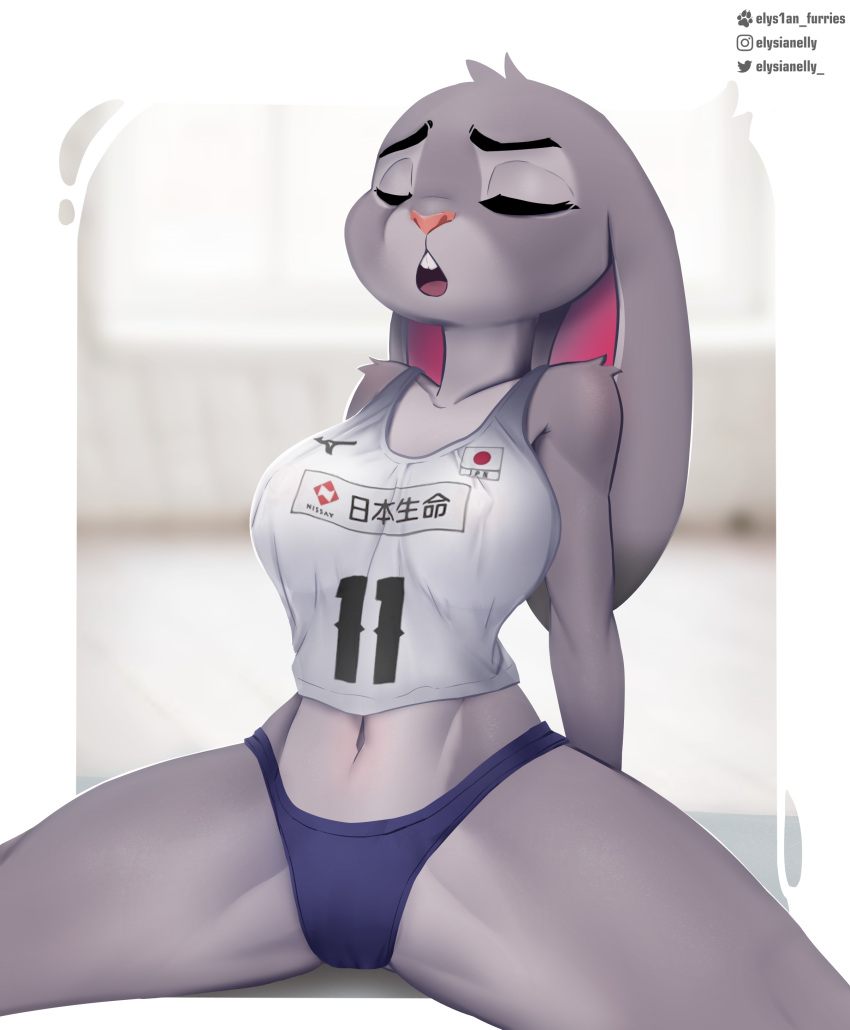 absurd_res anthro belly big_breasts breasts clothing collarbone disney elysianelly female hare hi_res judy_hopps lagomorph leporid mammal navel rabbit sport spread_legs spreading stretching thick_thighs uniform volleyball zootopia